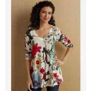 Soft Surroundings Fiore Floral Watercolor Artsy Art To Wear V-neck Tunic Top L